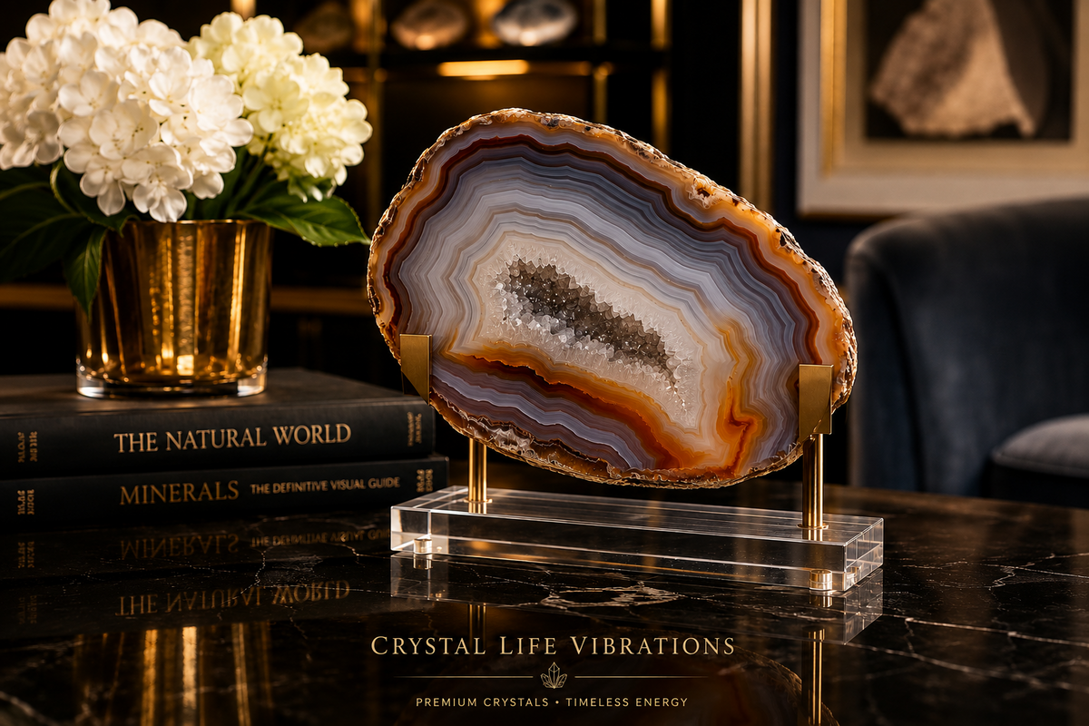 Polished agate slab with intricate banding and translucent chalcedony layers — collector-grade specimen from Crystal Life Vibrations
