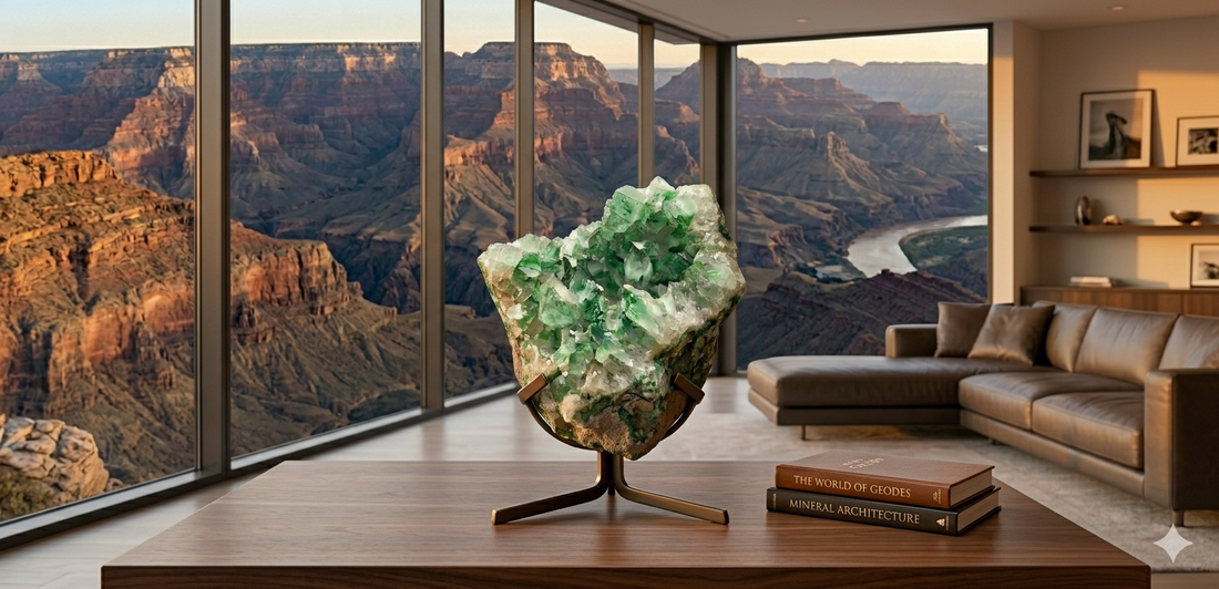 Green amethyst prasiolite geode with pale sage-green crystalline points, displayed as a collector specimen