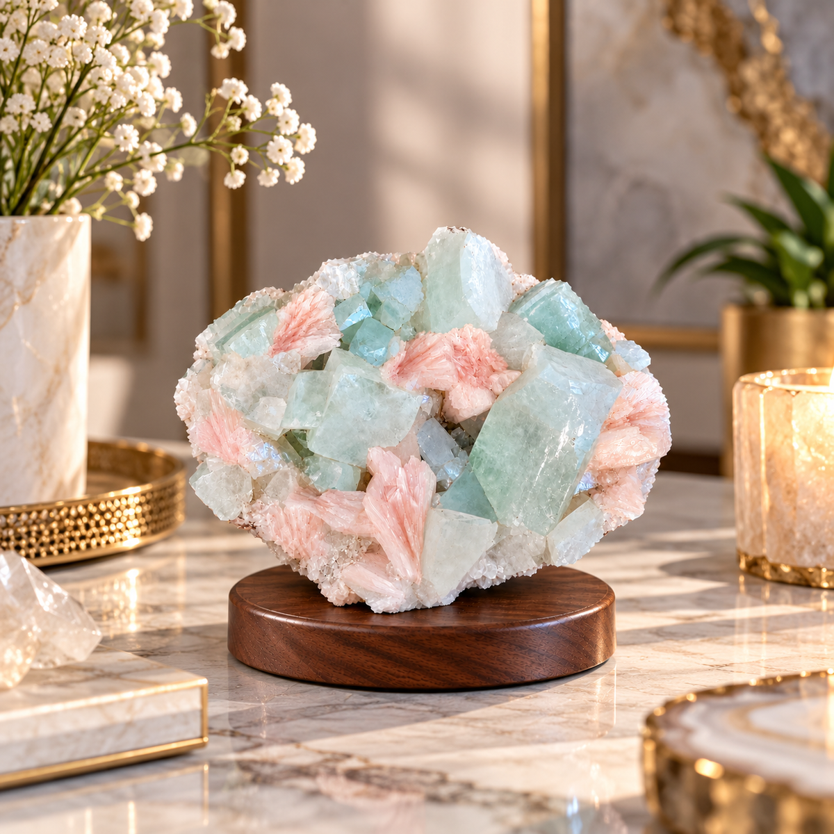 le green crystals and peach-pink fan-shaped formations on white mineral matrix, displayed on a round wooden base.