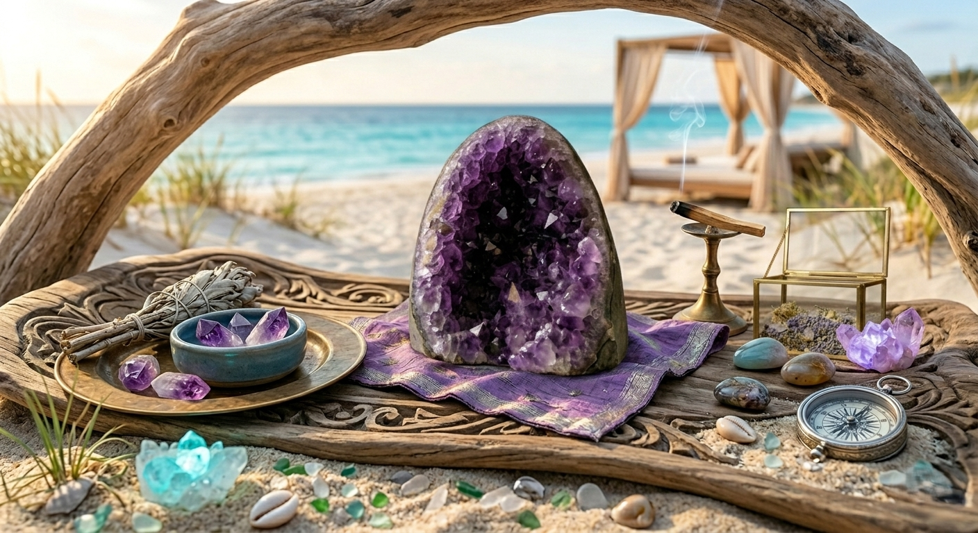 Deep violet amethyst crystal geode displayed in a serene setting, evoking calm and spiritual energy