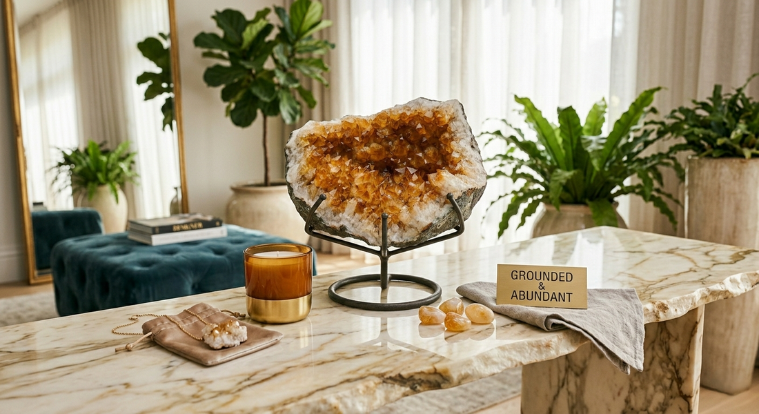Luxury Brazilian citrine geode specimen displaying rich golden amber hues, ideal for serious collectors