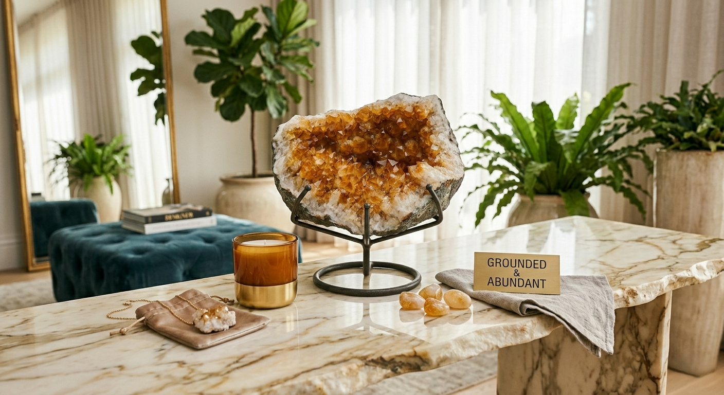 Luxury Brazilian citrine geode specimen displaying rich golden amber hues, ideal for serious collectors