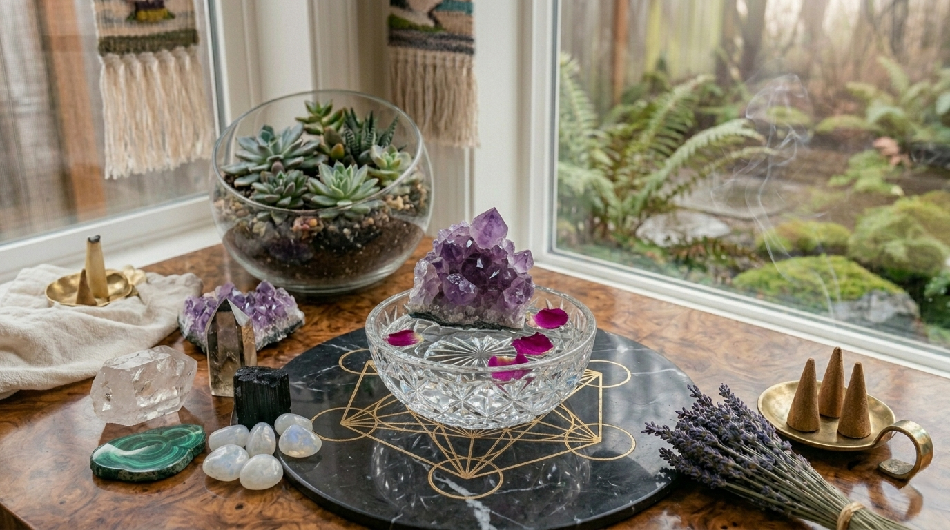 Crystals, amethyst clusters, sage, lavender and incense arranged on a crystal grid for cleansing