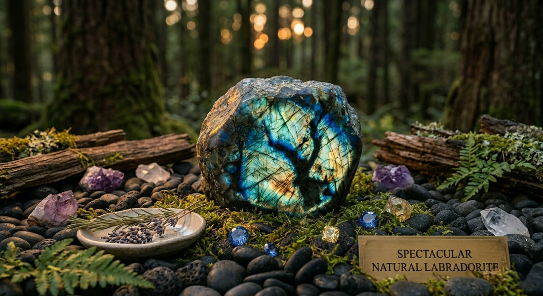Labradorite crystal specimen displaying iridescent blue and green labradorescence in a serene spiritual setting