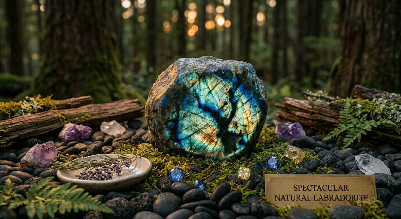 Labradorite crystal specimen displaying iridescent blue and green labradorescence in a serene spiritual setting