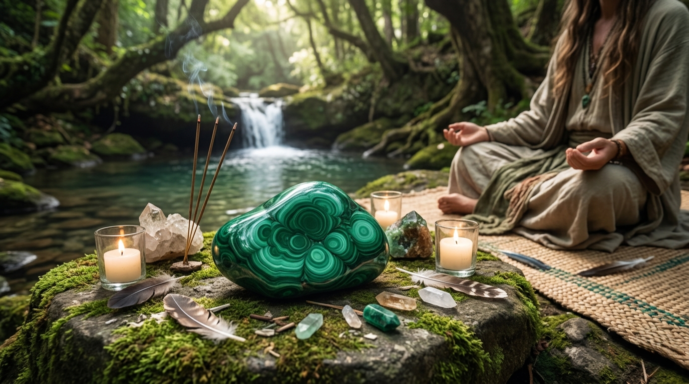 Malachite crystal displaying rich swirling green patterns, representing transformation and heart-centered healing