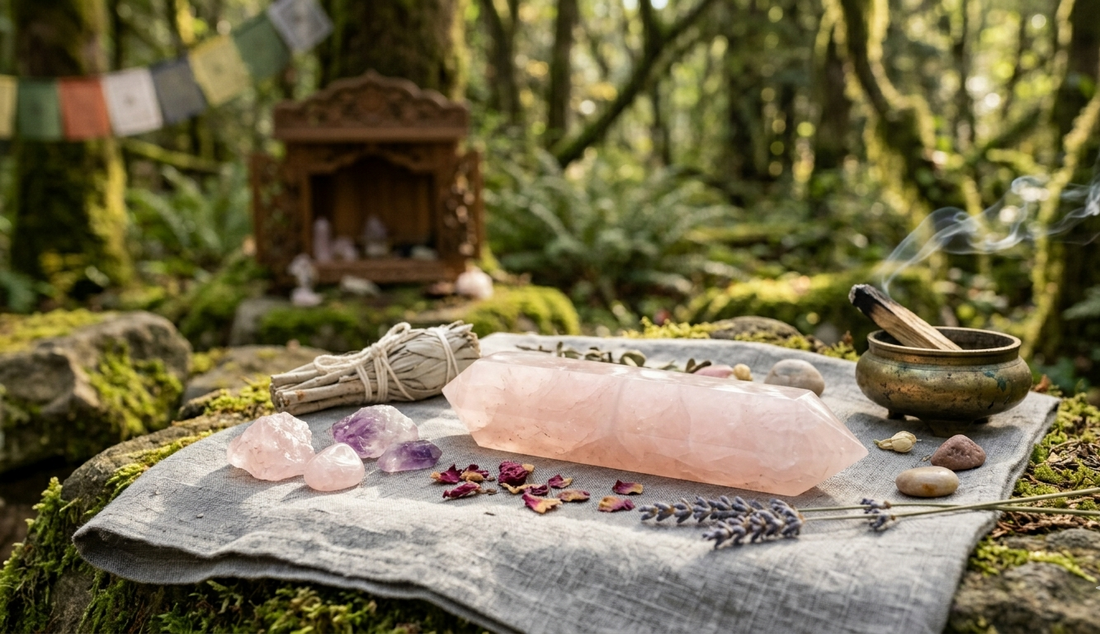 Soft pink Rose Quartz crystal specimen displayed in a serene setting, evoking love, compassion, and emotional healing