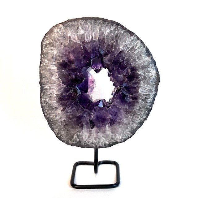Amethyst Geode Slice Ring from Brazil with Custom Stand – Natural Purple Crystal 8lbs 3oz, 12" Tall