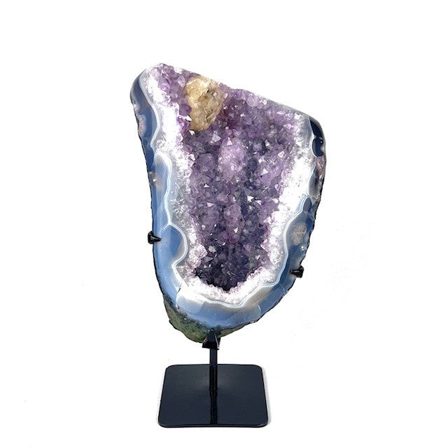 Amethyst and Calcite Geode from Brazil with Custom Stand – Natural Purple Crystal 6lbs 7oz, 10 1/2" Tall