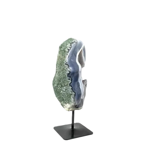 Brazilian Polished Blue & Grey Agate Geode with Grey Druzy Quartz with Custom Stand  6lbs 14oz, 11 7/8" Tall