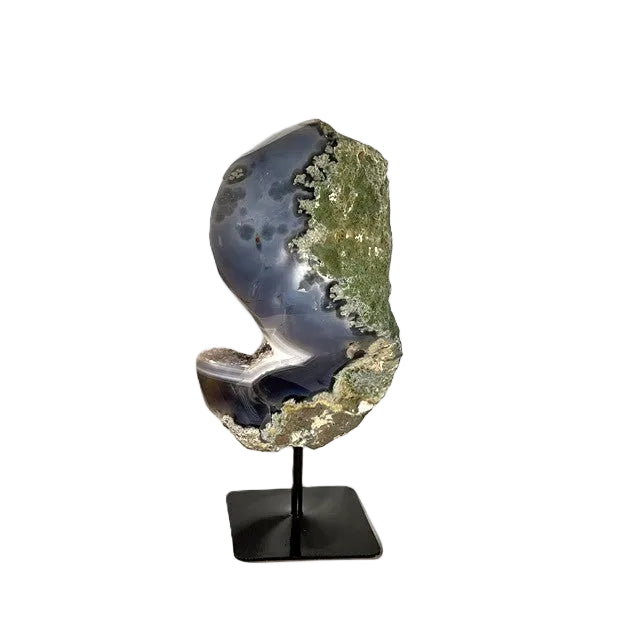 Brazilian Polished Blue & Grey Agate Geode with Grey Druzy Quartz with Custom Stand  6lbs 14oz, 11 7/8" Tall