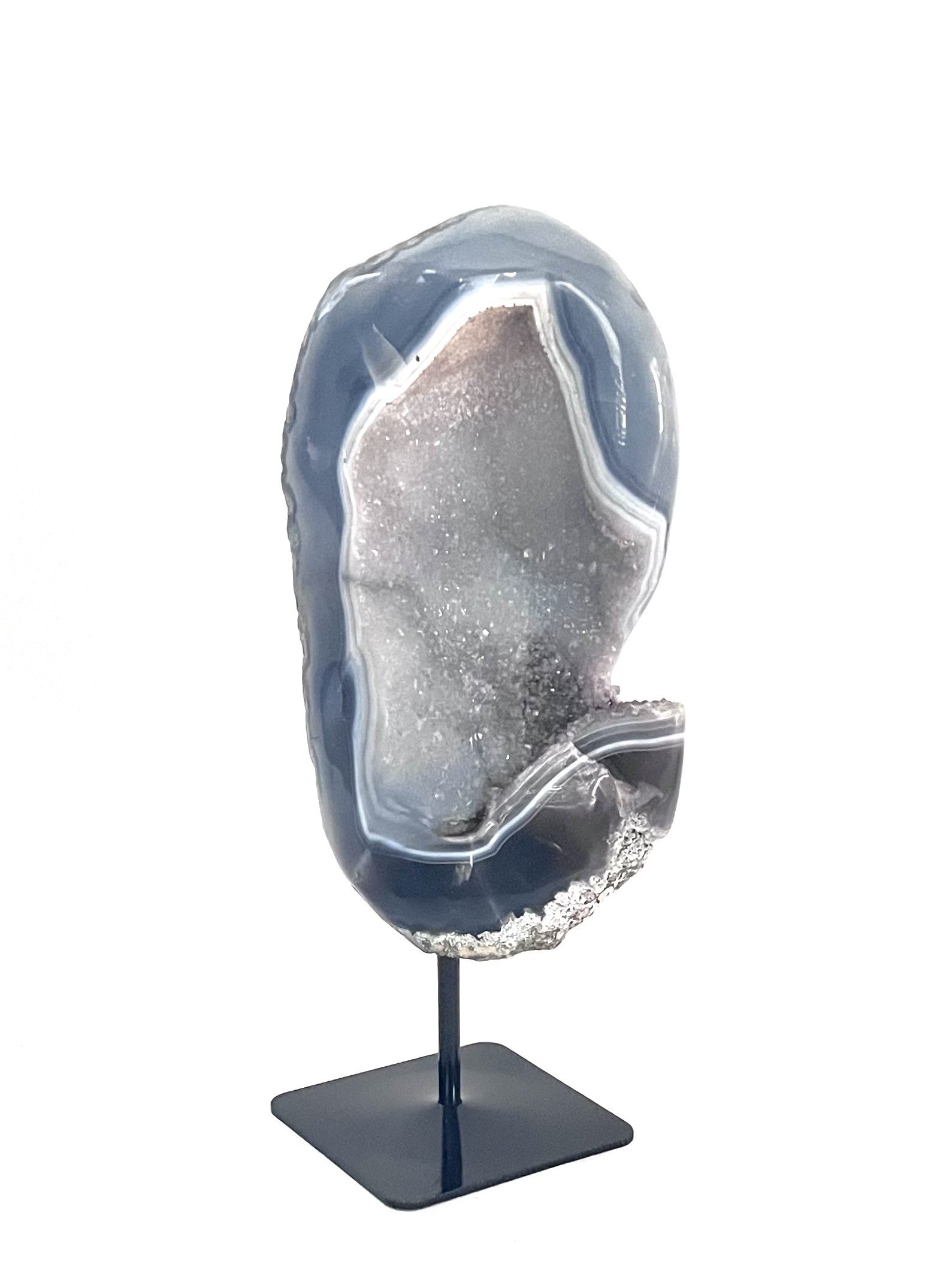 Brazilian Polished Blue & Grey Agate Geode with Grey Druzy Quartz with Custom Stand  6lbs 14oz, 11 7/8" Tall