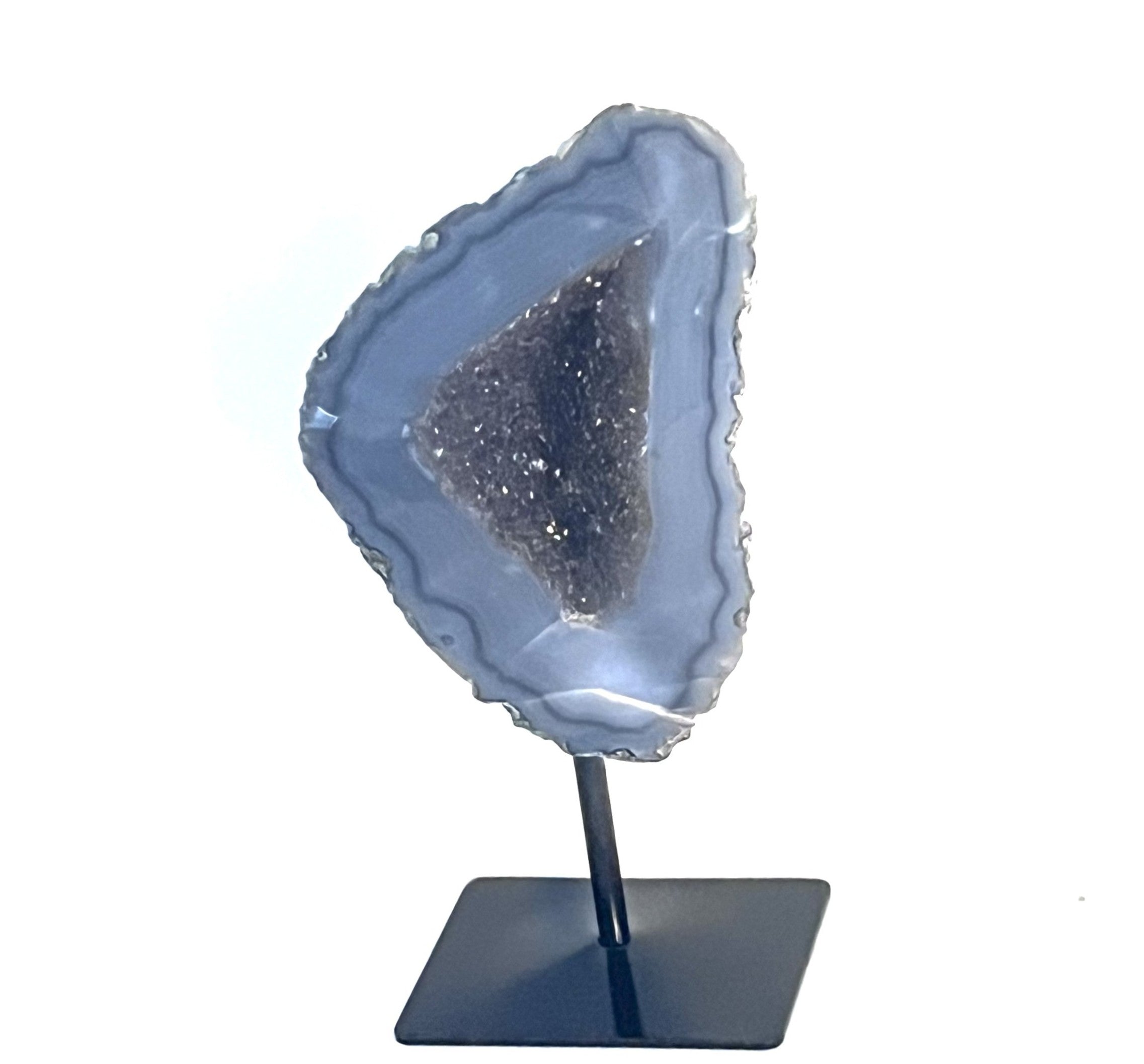 Brazilian Polished Blue & Grey Agate Geode with Grey Druzy Quartz with Custom Stand 2lbs 9oz, 8 7/8" Tall