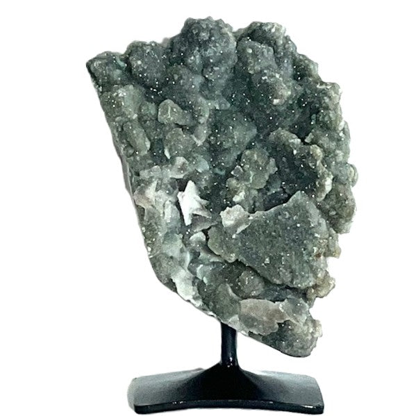 Rare green amethyst prasiolite freeform on custom stand, 5 3/4 inches tall, 1lb 12oz, natural green surface covered in tiny crystals, Brazilian quartz